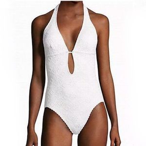 Kate Spade Embroidered Halter Neck Cutout One Piece Plunge Swimsuit Bathing Suit